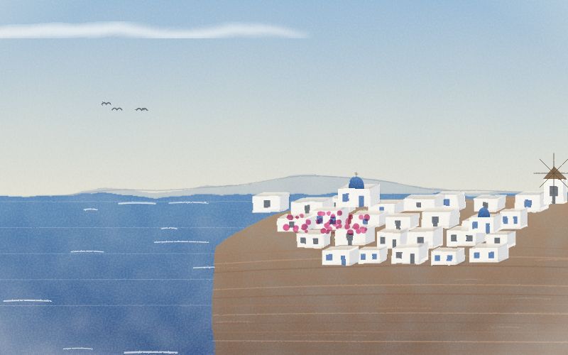 Painted postcard of the landscape where Greek comes from