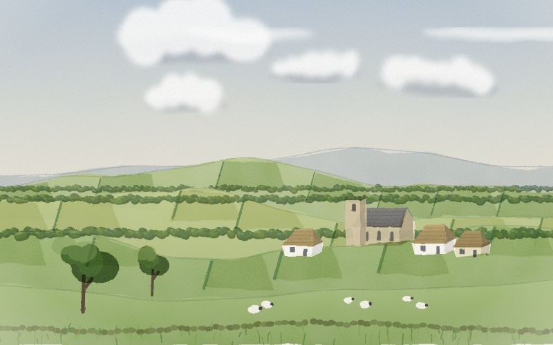 Painted postcard of the landscape where English comes from