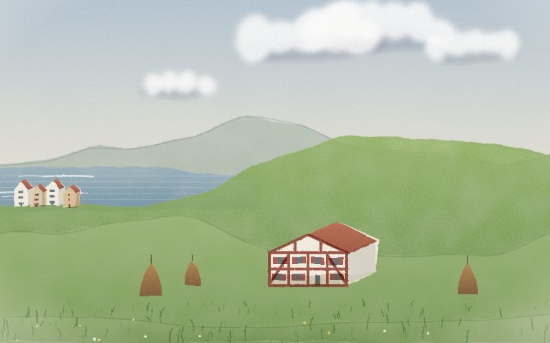 Painted postcard of the landscape where Basque comes from
