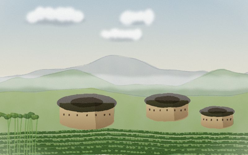 Painted postcard of the landscape where Hakka comes from
