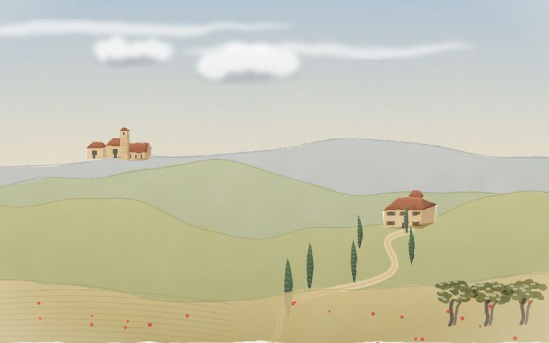 Painted postcard of the landscape where Italian comes from
