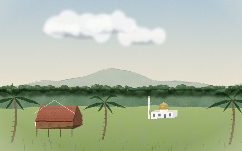 Painted postcard of the landscape where Malay comes from