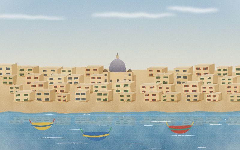 Painted postcard of the landscape where Maltese comes from