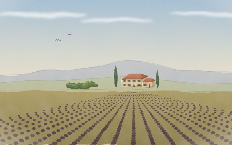 Painted postcard of the landscape where Occitan comes from