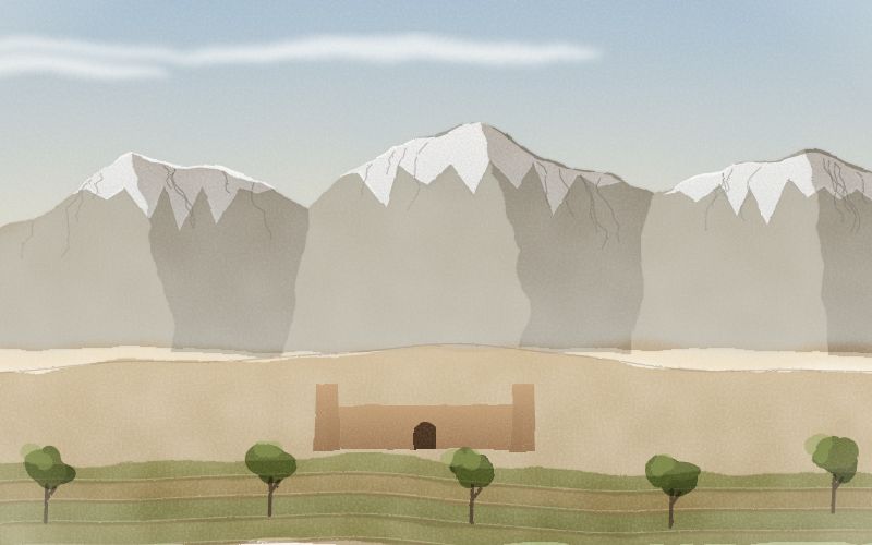 Painted postcard of the landscape where Pashto comes from