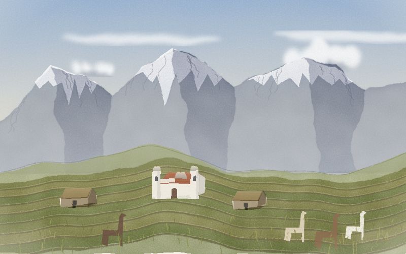 Painted postcard of the landscape where Quechua comes from