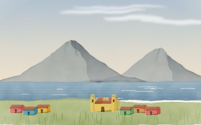 Painted postcard of the landscape where K'iche' comes from