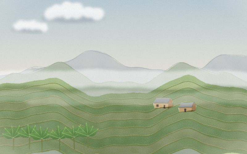 Painted postcard of the landscape where Kinyarwanda comes from