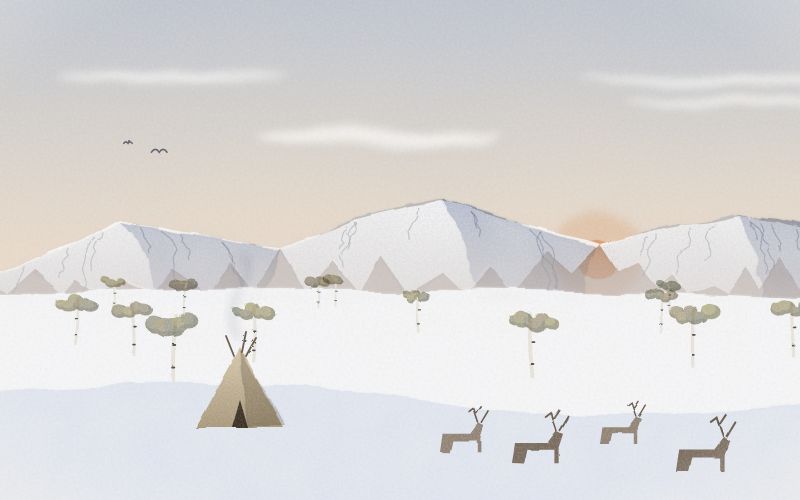 Painted postcard of the landscape where Northern Sami comes from