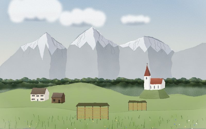 Painted postcard of the landscape where Slovene comes from