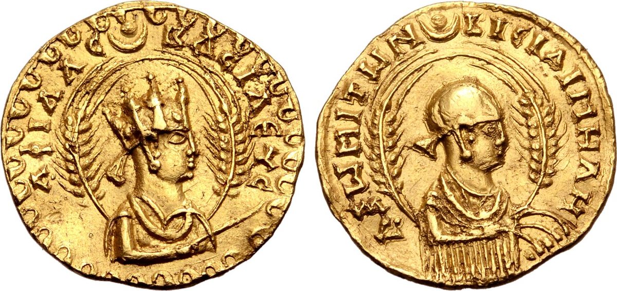 Obverse and reverse of a gold coin of King Aphilas (Afilas) from around the turn of the 3rd and 4th centuries, with a Greek legend; above the king is the crescent and disc. British Museum.
