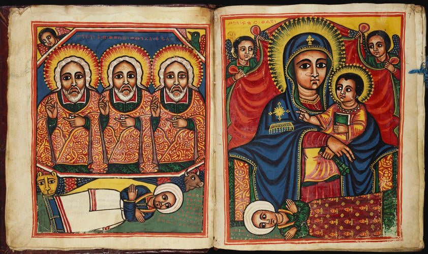 Illuminated Ethiopian manuscript of the Miracles of Jesus in Geʽez; Royal Collection, United Kingdom. This apocryphal work is not part of the Ethiopian canon but is widely read in the Church.