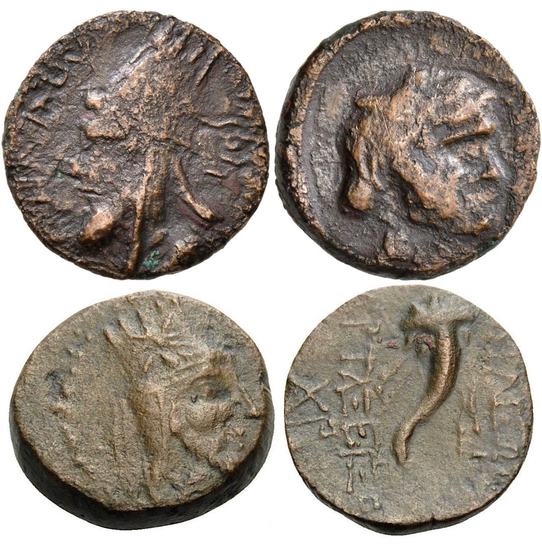 Coins attributed to the Armenian king Artaxias (Artashes): above, from the earlier series with an Aramaic legend; below, from the later series with a Greek legend and a cornucopia on the reverse. Before they had a script of their own, Armenians wrote in Aramaic and Greek.