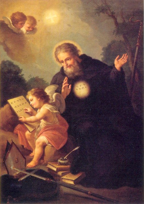 Mesrop Mashtots in a painting by the Venetian artist Francesco Maggiotto (1750–1805): an angel shows him letters written on a tablet.