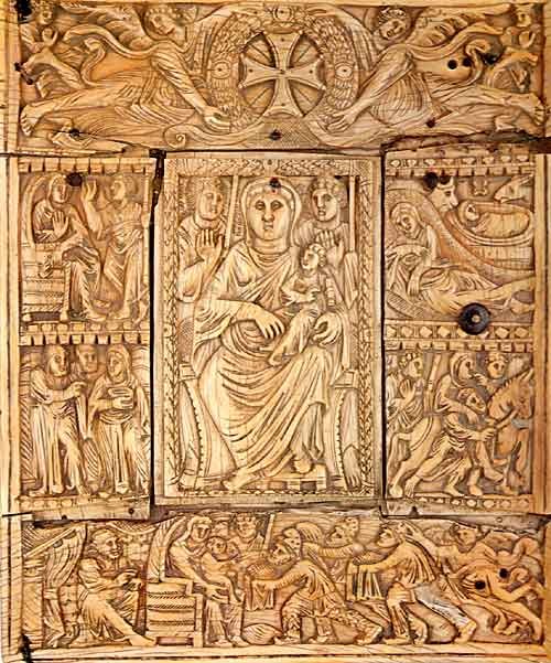 The ivory front cover of the Etchmiadzin Gospels, probably Byzantine work of the 6th century, with the Virgin and Child at the centre. Matenadaran, Yerevan.