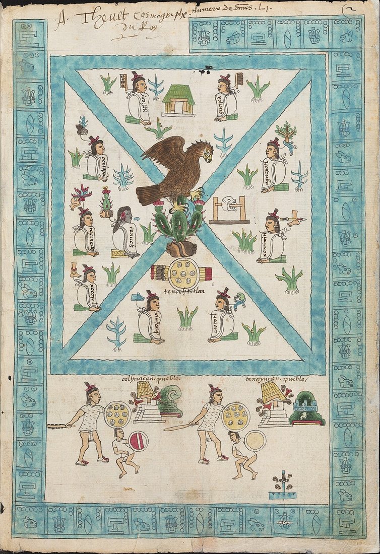 The first pictorial page of the Codex Mendoza (folio 2r): the founding of Tenochtitlan. In the centre an eagle perches on a prickly pear growing from a stone, above a shield with arrows and the gloss “tenochtitlan”; around it sit the founders with their name glyphs, among them Tenoch. The border holds 51 year signs for his reign; below are the conquests of Colhuacan and Tenayucan, and at top left is André Thevet’s signature. Bodleian Library, Oxford.