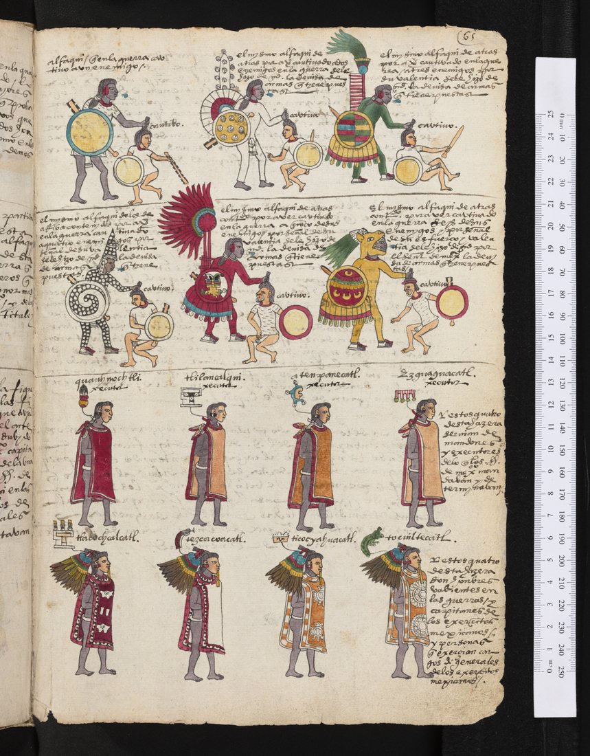 Folio 65r of the Codex Mendoza: above, priest-warriors who earned insignia and costumes according to the number of captives they took; below, high officials with the glyphs of their titles above their heads. The Nahuatl titles (e.g. tlacochcalcatl) and the explanations were added by a Spanish interpreter. Bodleian Library, Oxford.