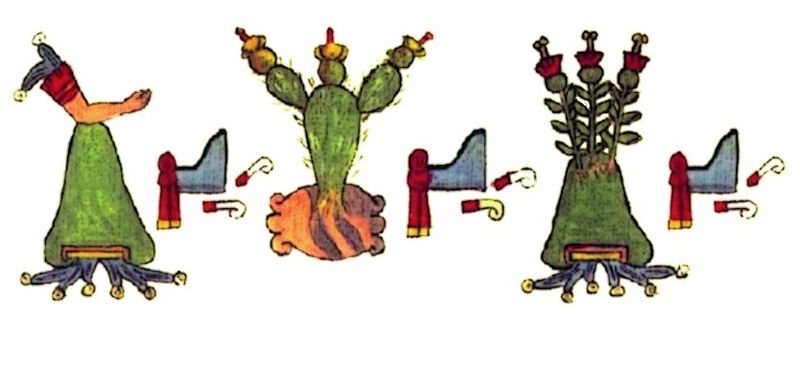 Glyphs of the three cities of the Aztec Triple Alliance from the Codex Osuna (1565): from left, Texcoco, Tenochtitlan (a prickly pear on a stone) and Tlacopan, each with the glyph for ruler (tlatoani). Adjusted reproduction.