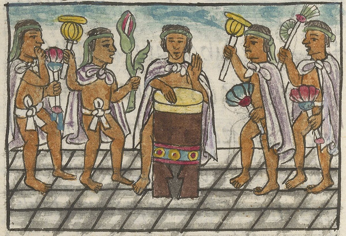 Dancers holding flowers and fans around a player of the huehuetl, an upright drum; an illustration from Book IX of the Florentine Codex, c. 1577. Biblioteca Medicea Laurenziana, Florence.