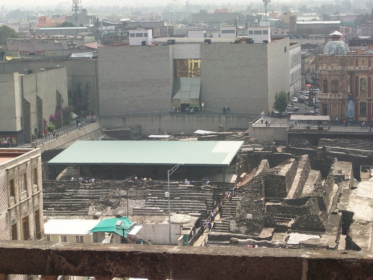 The excavated Templo Mayor, the main temple of Tenochtitlan, in the historic centre of Mexico City. The temple was repeatedly enlarged with new outer shells, so remains of several building phases are exposed.