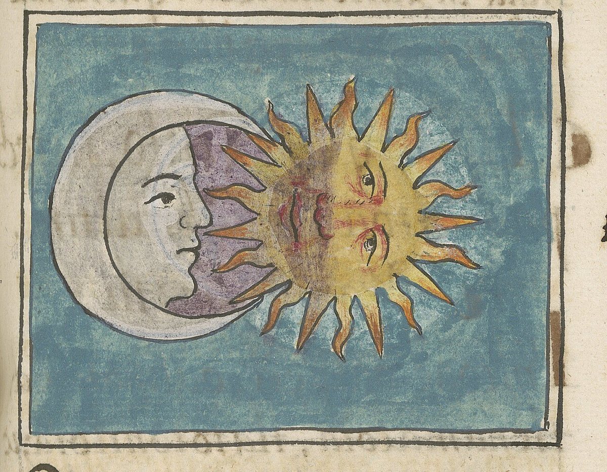 An eclipse in an illustration from Book VII of the Florentine Codex, on the sun, the moon and the stars (c. 1577). The faces of the sun and moon show European influence on the codex painters.