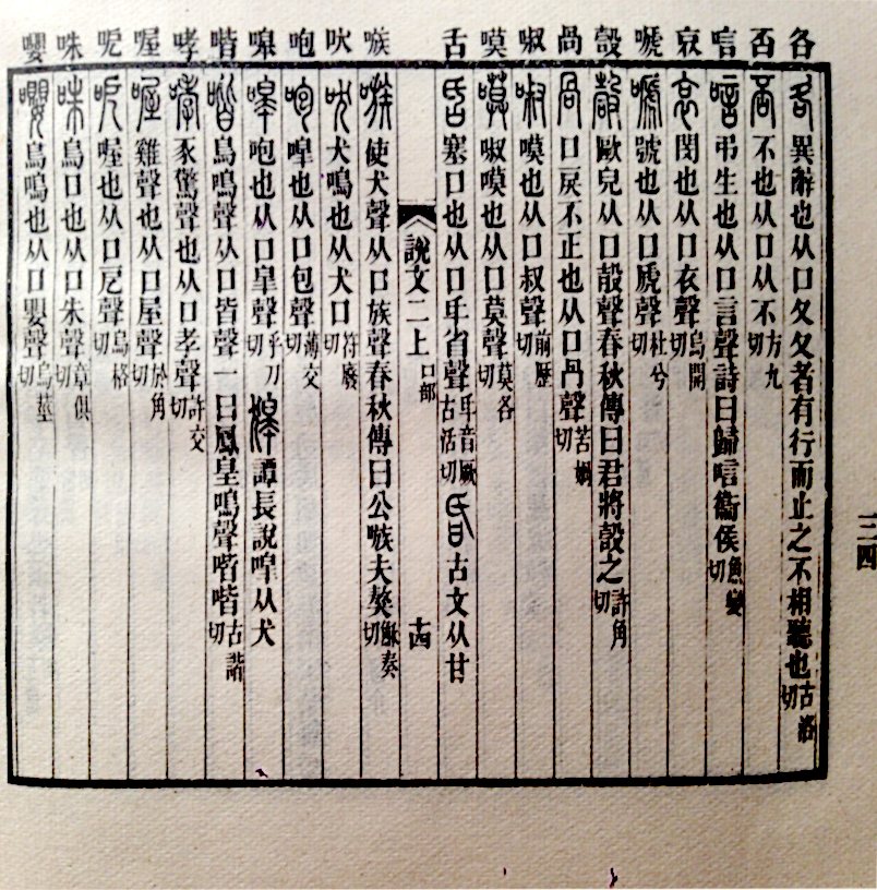 A page of the Shuowen Jiezi in Xu Xuan's 10th-century edition, from a 1963 photographic reprint. Each entry of the section 口 'mouth' begins with the character in small seal script, followed by the explanation, often with the formula 'from 口, sound X'.