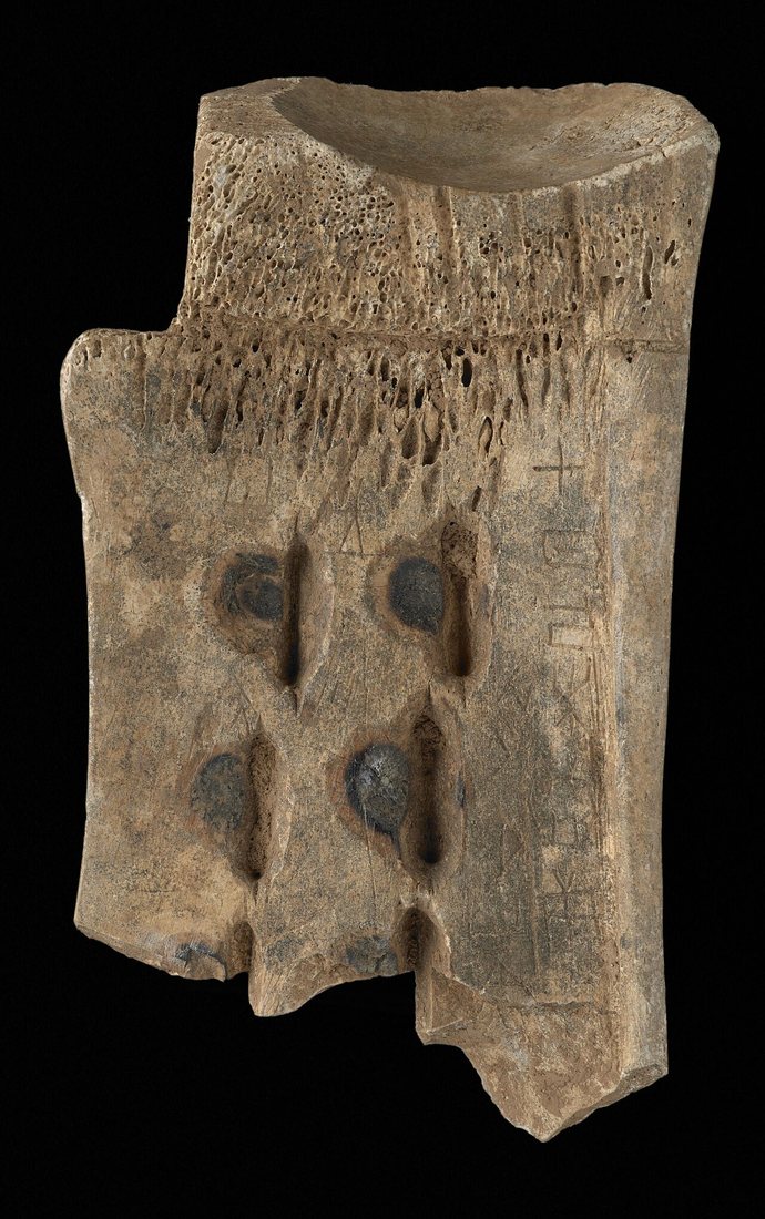 A shoulder bone from the Couling–Chalfant collection. The oval hollows with scorch marks are where the bone was heated until it cracked. The inscription concerns the coming ten-day period and records that it will bring no misfortune; the character for 'moon' (modern 月) is visible at the top centre. The bone matters for the study of the early calendar because it records a lunar eclipse.