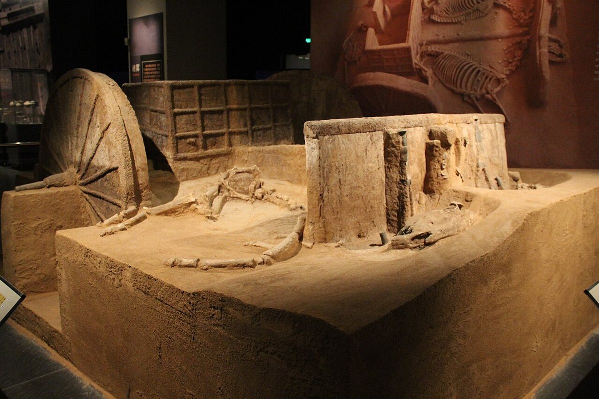A Shang chariot from Yinxu near Anyang in its burial pit, late Shang dynasty. According to the photograph's record, displayed at the Jinsha Site Museum in Chengdu.