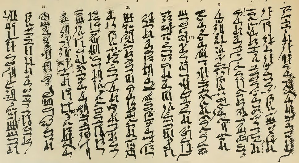 The opening of the Story of Sinuhe in hieratic script (Papyrus Berlin 3022, Middle Kingdom, c. 1800 BCE), facsimile by Georg Möller.