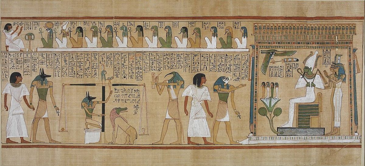 The Book of the Dead of the scribe Hunefer (c. 1300 BCE): the weighing of the heart and columns of hieroglyphs painted with a brush on papyrus. British Museum, London.