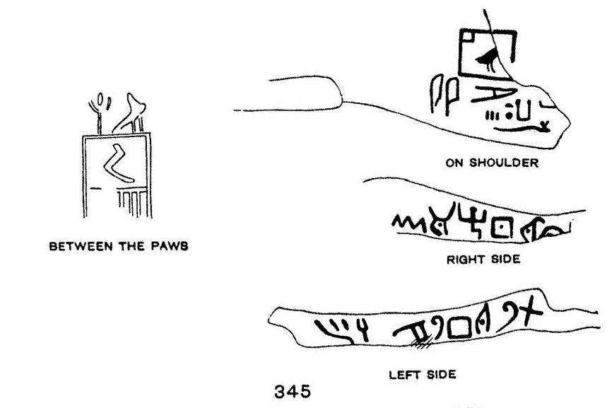 A Proto-Sinaitic inscription on a small sphinx from Serabit el-Khadim in Sinai, drawn by Alan Gardiner.