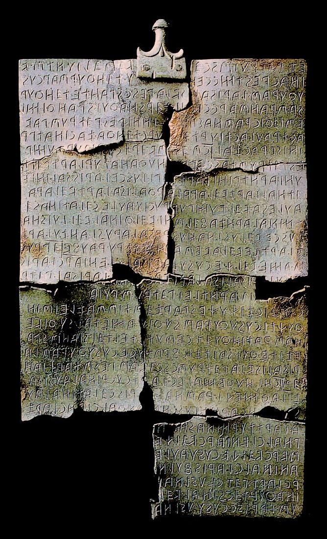 The Tabula Cortonensis, a bronze tablet reassembled from fragments, with about 200 words of a legal text. Museum of the Etruscan Academy and of the City of Cortona.