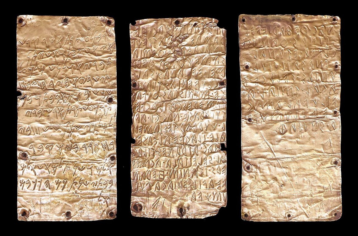 The gold tablets from Pyrgi (c. 500 BCE): the Phoenician text on the left, the two Etruscan texts in the centre and on the right. National Etruscan Museum, Villa Giulia, Rome.