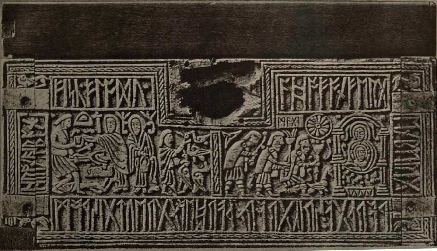 The front panel of the whalebone Franks Casket (Northumbria, 8th century): on the left Weland the Smith from Germanic legend, on the right the Adoration of the Magi. Round the scenes runs an Old English inscription in Anglo-Saxon runes. British Museum, London; an early photograph by Wilhelm Viëtor.