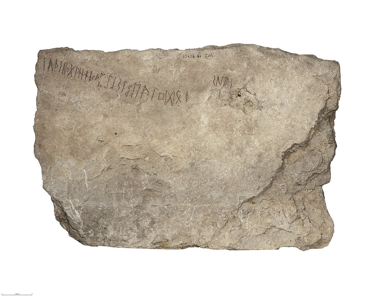 The Kylver Stone (Gotland, c. 400), bearing the earliest complete listing of the 24 runes of the Elder Futhark. The row ends in a tree-like sign, and a little further on stands the word sueus, whose meaning is unknown. Swedish History Museum, Stockholm.