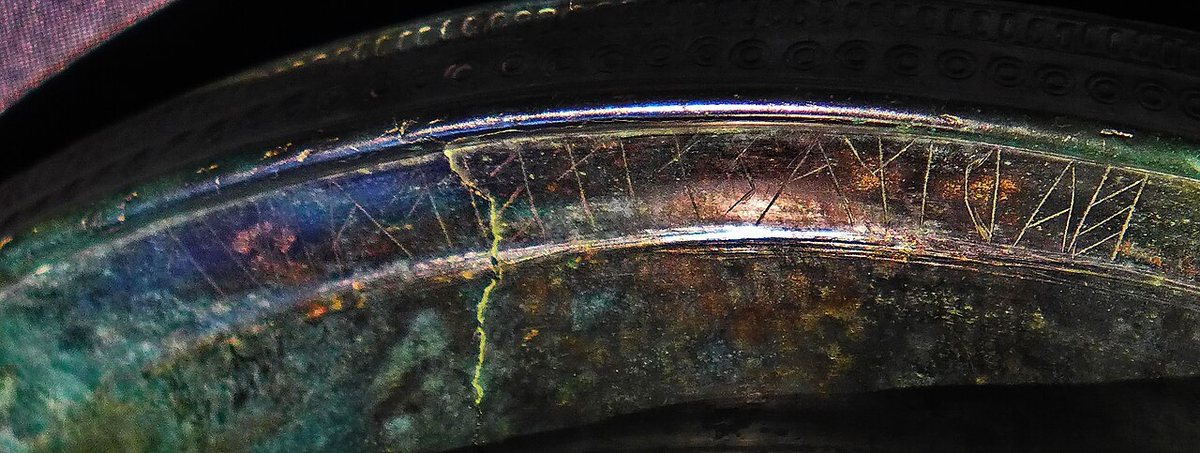 The inscription scratched on the brim of helmet Negau B in a North Etruscan alphabet, read from right to left. Almost all scholars read in it the Germanic name Harigast. Kunsthistorisches Museum, Vienna.