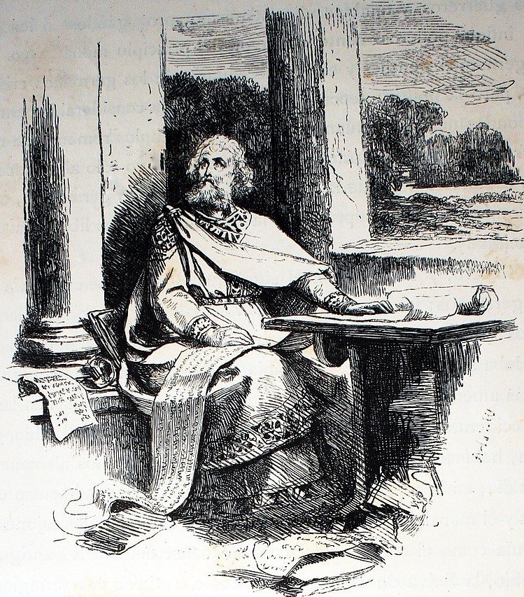 Wulfila translating the Bible, as imagined by the illustrator Wilhelm Lindenschmit the Younger in 1879. What Wulfila actually looked like is unknown.