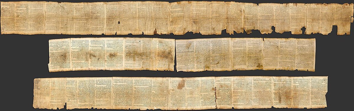 The Great Isaiah Scroll (1QIsaᵃ) from Qumran Cave 1, c. 125–100 BCE: the whole Book of Isaiah in 54 columns on a parchment strip over 7 metres long.