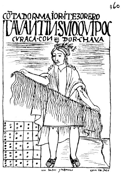 A drawing from Guaman Poma’s chronicle (page 360, after the 1936 facsimile): the “chief accountant and treasurer” of Tawantinsuyu, the khipu lord (quipoc curaca) Condor Chaua, holding a khipu. At bottom left is a yupana counting board.
