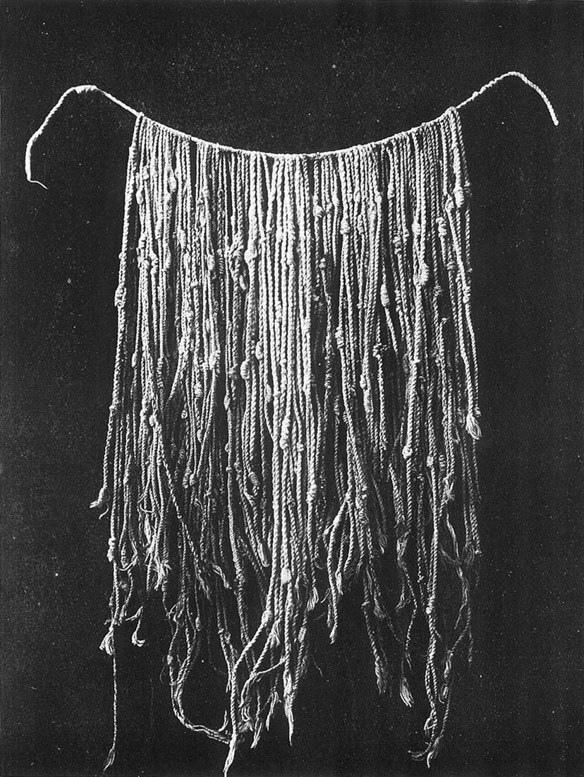 A complete khipu on a plate from Locke’s book (1923): the main cord at the top, with dozens of cords hanging from it, knotted at several heights.