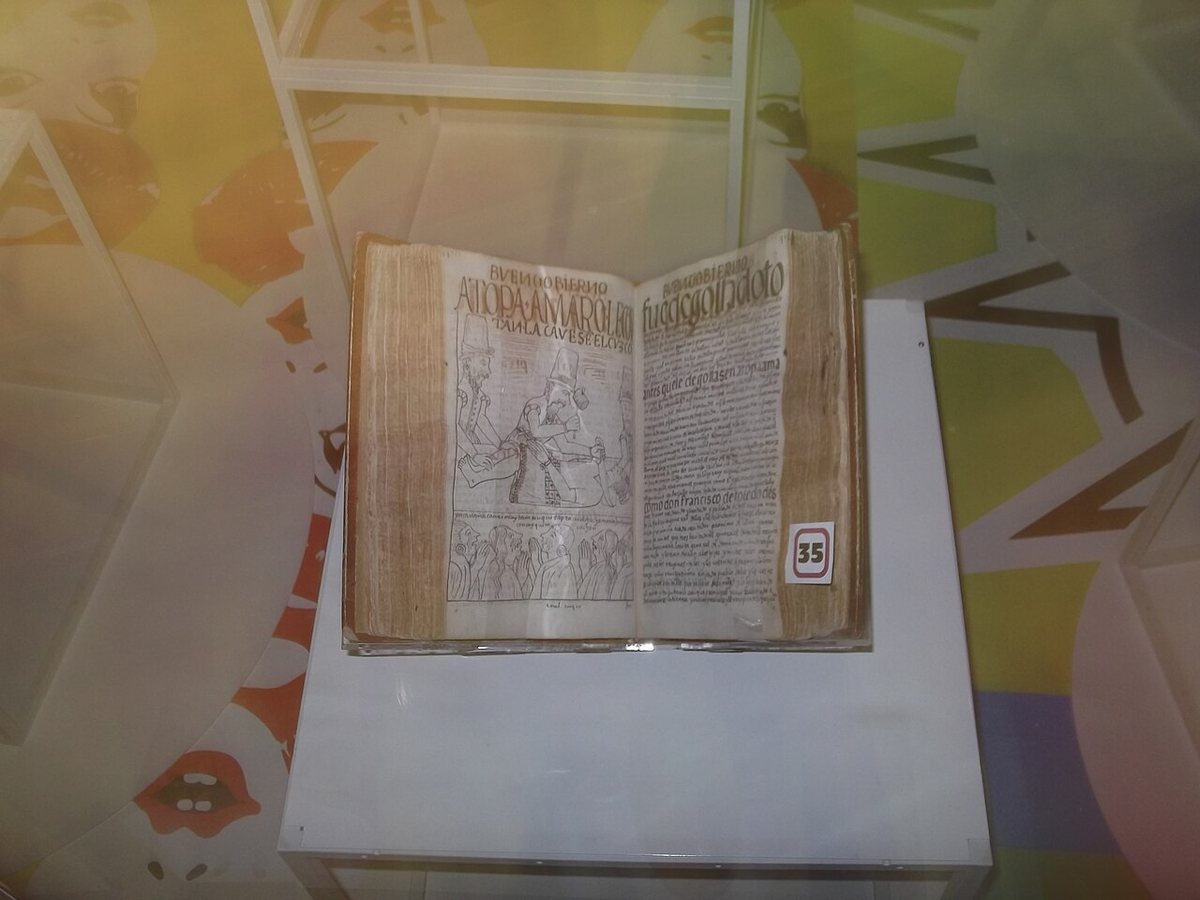 The manuscript of Guaman Poma’s chronicle on display at the Royal Library in Copenhagen (2012). It is open at a drawing of the execution of Túpac Amaru (Atopa Amaro Inga in the heading).