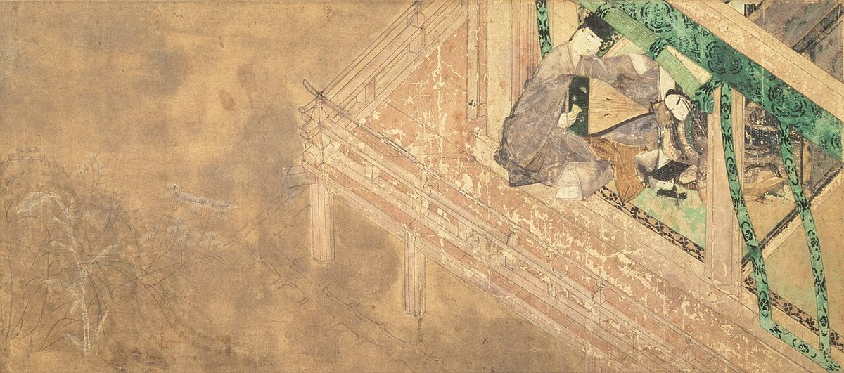 A scene from the Yadorigi (Mistletoe) chapter of the illustrated handscrolls of the Tale of Genji, c. 1130: in a pavilion a man plays the biwa lute beside a woman, with autumn grasses at left. These are the oldest surviving illustrations of the novel, Tokugawa Art Museum, Nagoya.