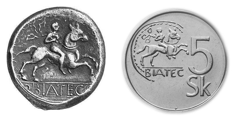 Left, a Celtic silver coin (tetradrachm) with a horseman and the name BIATEC in Latin letters, found in Slovakia (1st century BCE); right, the Slovak five-koruna coin that copied it and was in use until Slovakia adopted the euro in 2009.