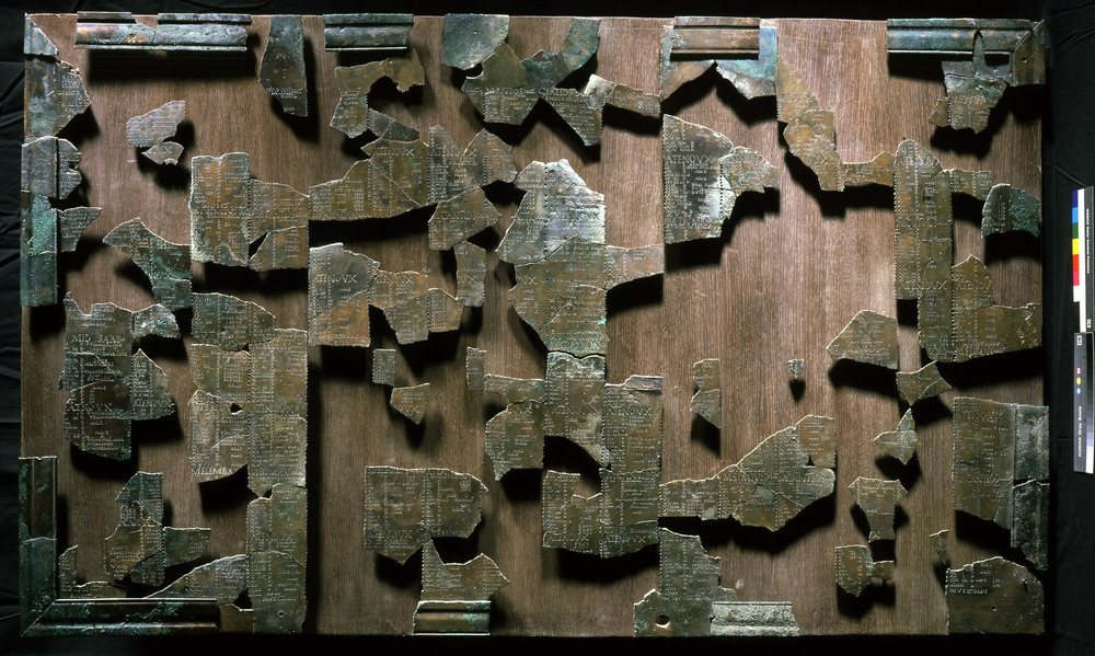 The Coligny calendar (late 2nd century CE): 73 bronze fragments mounted in a reconstructed arrangement. Gallo-Roman Museum, Lyon (Lugdunum).