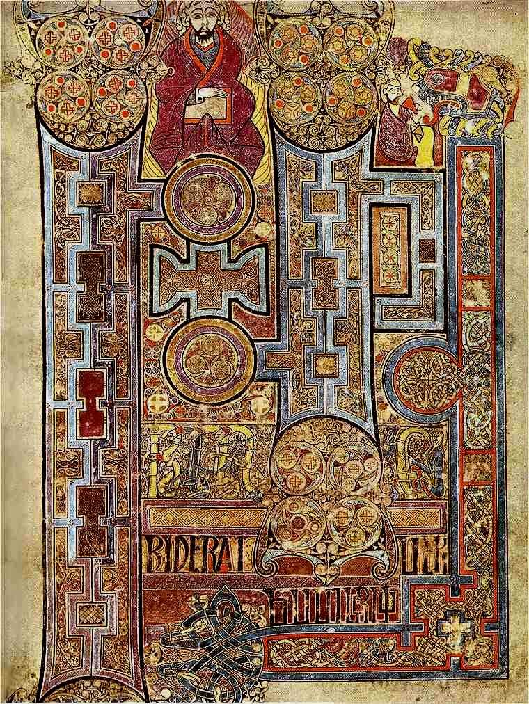 The Book of Kells (c. 800), fol. 292r: the opening of the Gospel of John, In principio erat verbum. Latin text in Insular majuscule with spirals and interlace. Trinity College Library, Dublin.