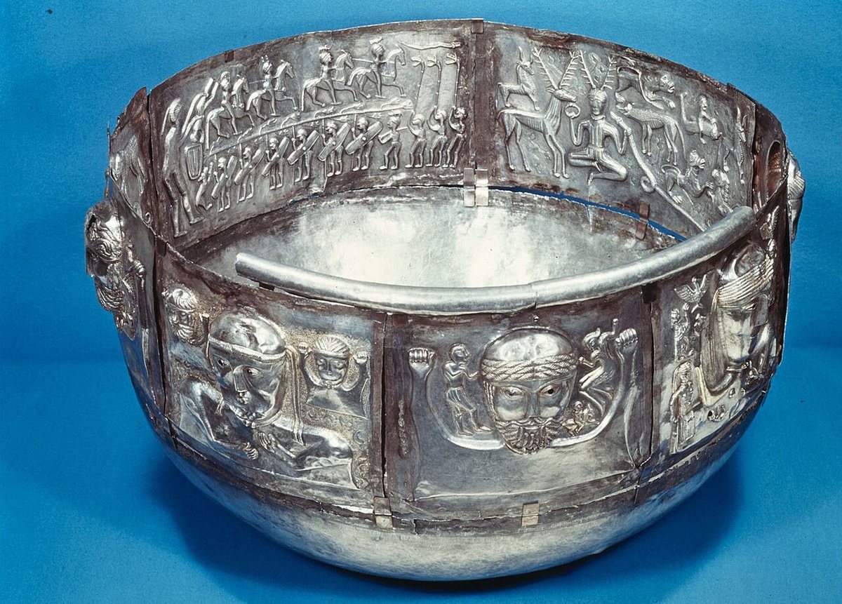 The silver cauldron from Gundestrup, found dismantled in a peat bog in northern Jutland in 1891. At 69 cm across it is the largest known piece of European Iron Age silverwork; it is most often dated to 150–1 BCE. Its decoration combines Celtic, Thracian and Near Eastern elements. National Museum of Denmark, Copenhagen.