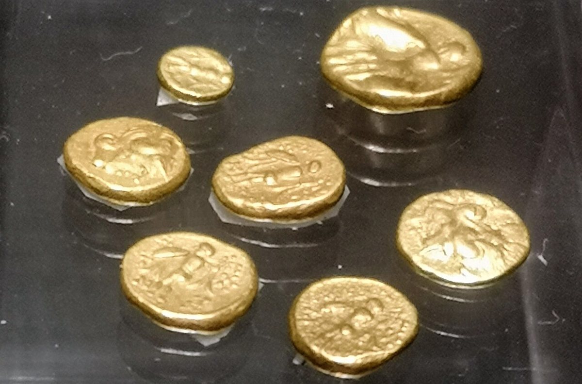 Gold coins from the Celtic settlement at Nowa Cerekwia in Polish Silesia (c. 4th–2nd century BCE). The earliest Celtic gold coins of central Europe imitated the staters of the Macedonian kings Philip II and Alexander the Great.