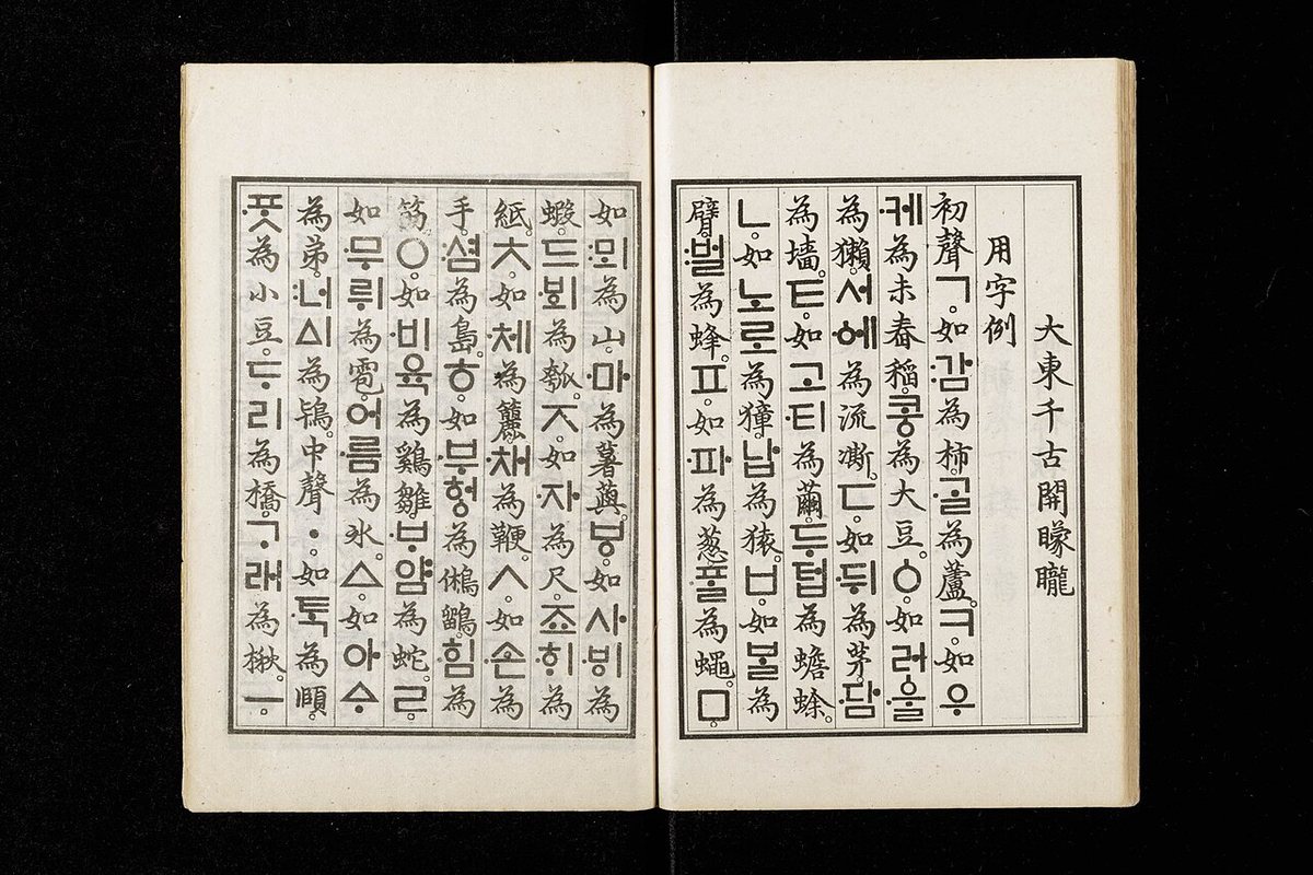 The section of the Hunminjeongeum Haerye with examples of the letters in use (用字例): on the right it begins with 감 gam “persimmon” and 골 gol “reed” for the consonant ㄱ, each Korean word followed by a Chinese character giving its meaning. Modern reprint.