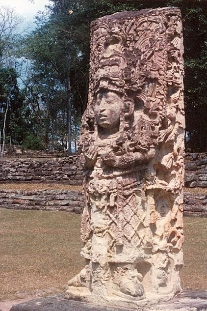 Stela H at Copán (Honduras) shows King Waxaklajuun Ubʼaah Kʼawiil in the guise of the Maize God.
