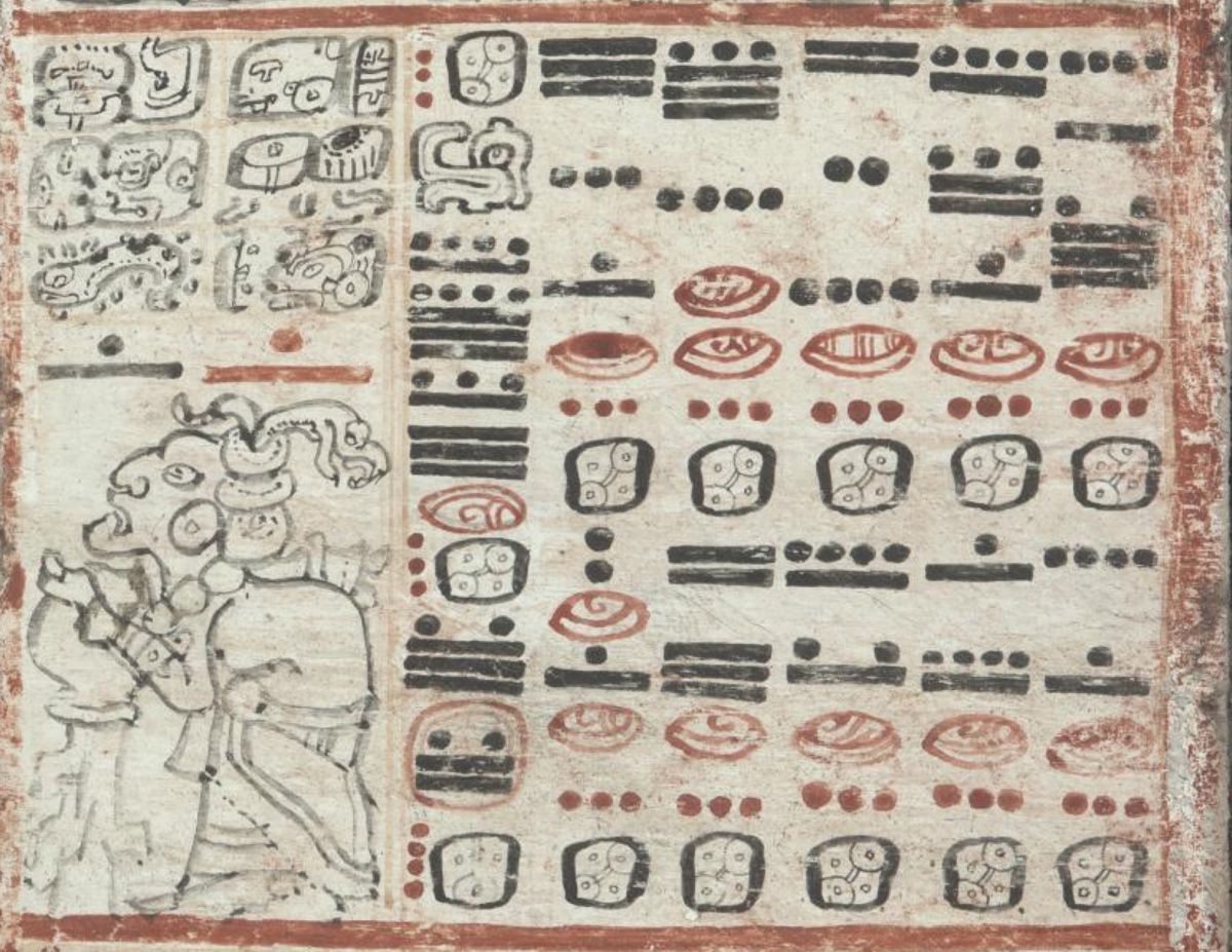 Part of page 43b of the Dresden Codex (the Mars table): dot-and-bar numbers in red and black, with red shells marking zero, beside day signs.